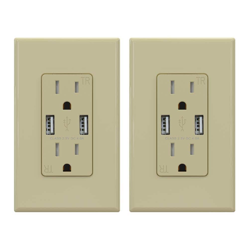 Ivory 15A Tamper Resistant Duplex Outlet with USB Ports and Wall Plate