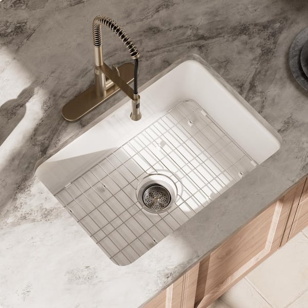 Los Flexi 27 in. White Undermount Kitchen Sink, Drop-in and Undermount Dual Mount Ceramic Kitchen Sink, Grid and Strainer Drain
