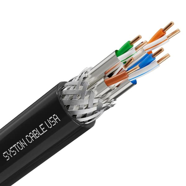 500 ft. Black Cat 8 CMR 22 AWG Ethernet Cable Data Wire Bulk Raw - 2000MHz Solid Bare Copper Tinned Copper Braid Shield