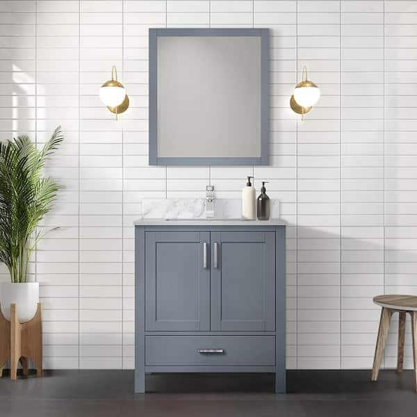 Lexora Jacques 30 in. W x 22 in. D Dark Grey Bath Vanity, Carrara Marble Top, Faucet Set, and 28 in. Mirror