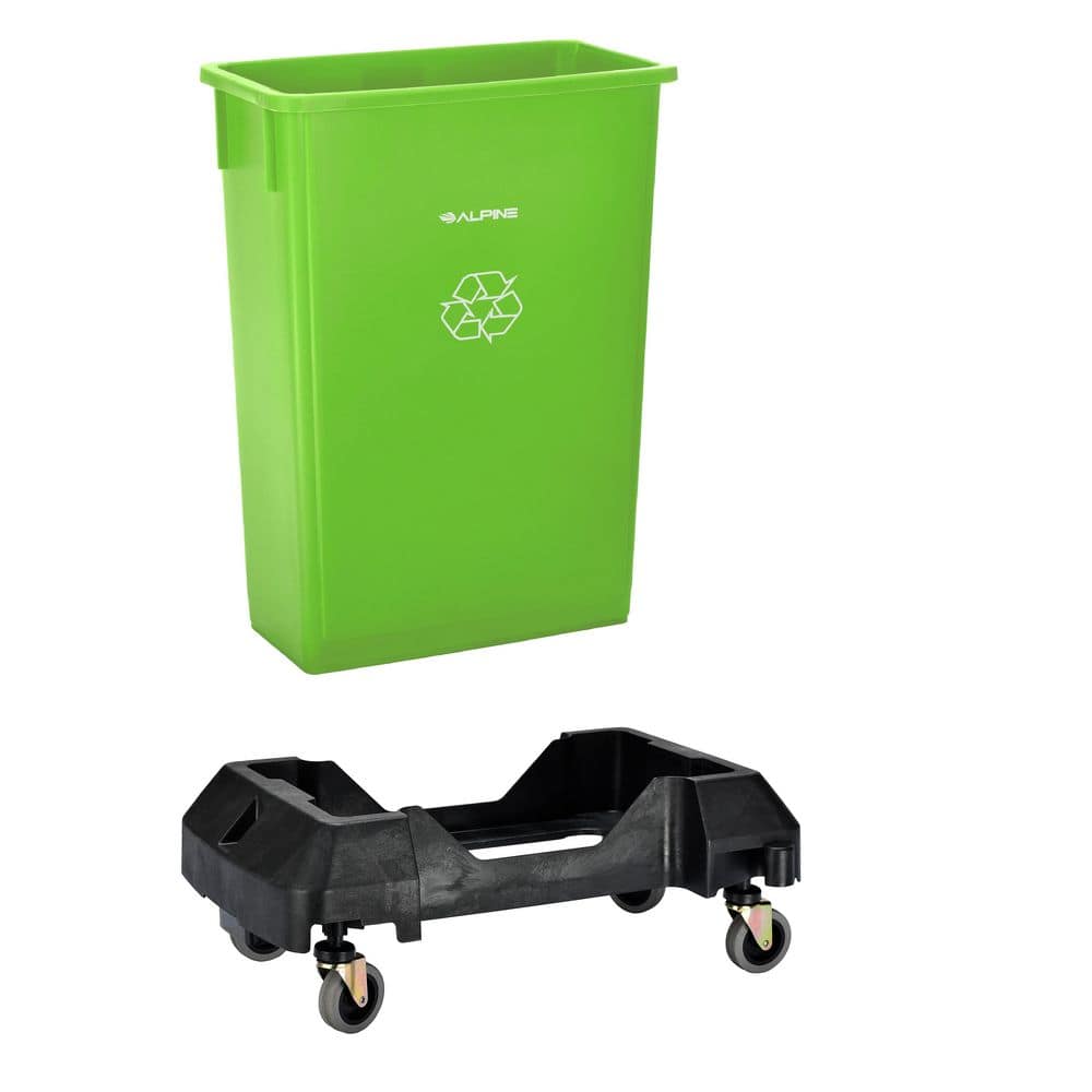 23 Gal. Lime Green Vented Commercial Slim Recycling Bin Trash Can and Dolly