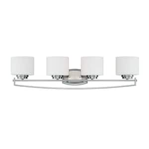 Axel 32.5 in. 4-Light Satin Platinum Art Deco Vanity with White Opal Glass Shades
