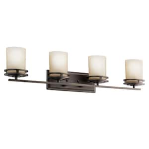 Hendrik 33.75 in. 4-Light Olde Bronze Contemporary Bathroom Vanity Light with Etched Glass Shade