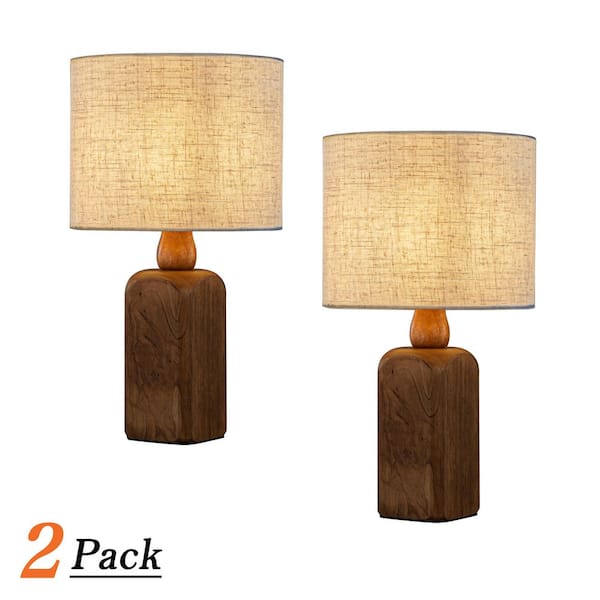 18 in. Farmhouse Traditional Natural Brown Solid Wood Base Table Lamp with Beige Fabric Shade for Living Room (2-Pack)