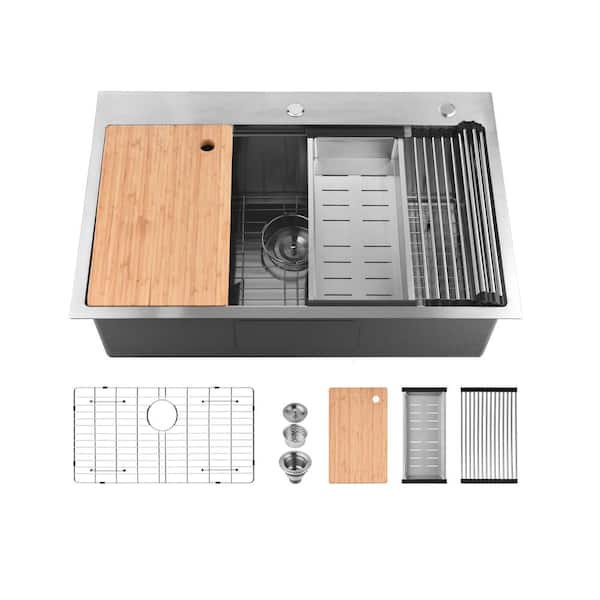 Steelux 30 in. x 22 in. Drop-In Single Bowl Stainless Steel Workstation Kitchen Sink in Brushed with Accessories