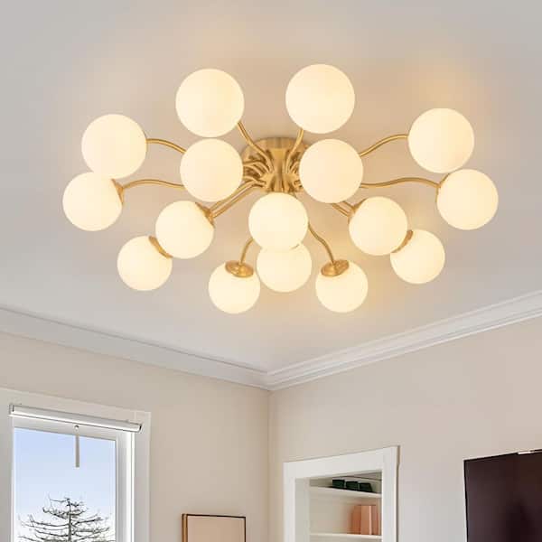 Y'INSP 51.18 in. 16-Light Brass Industrial Semi-Flush Mount Light Fixture Globe Ceiling Light Mid Century Sputnik Chandelier