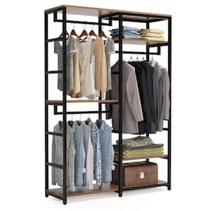 Carmalita Dark Walnut Closet Organizer Garment Rack with 3 Hanging Rod and Shelves