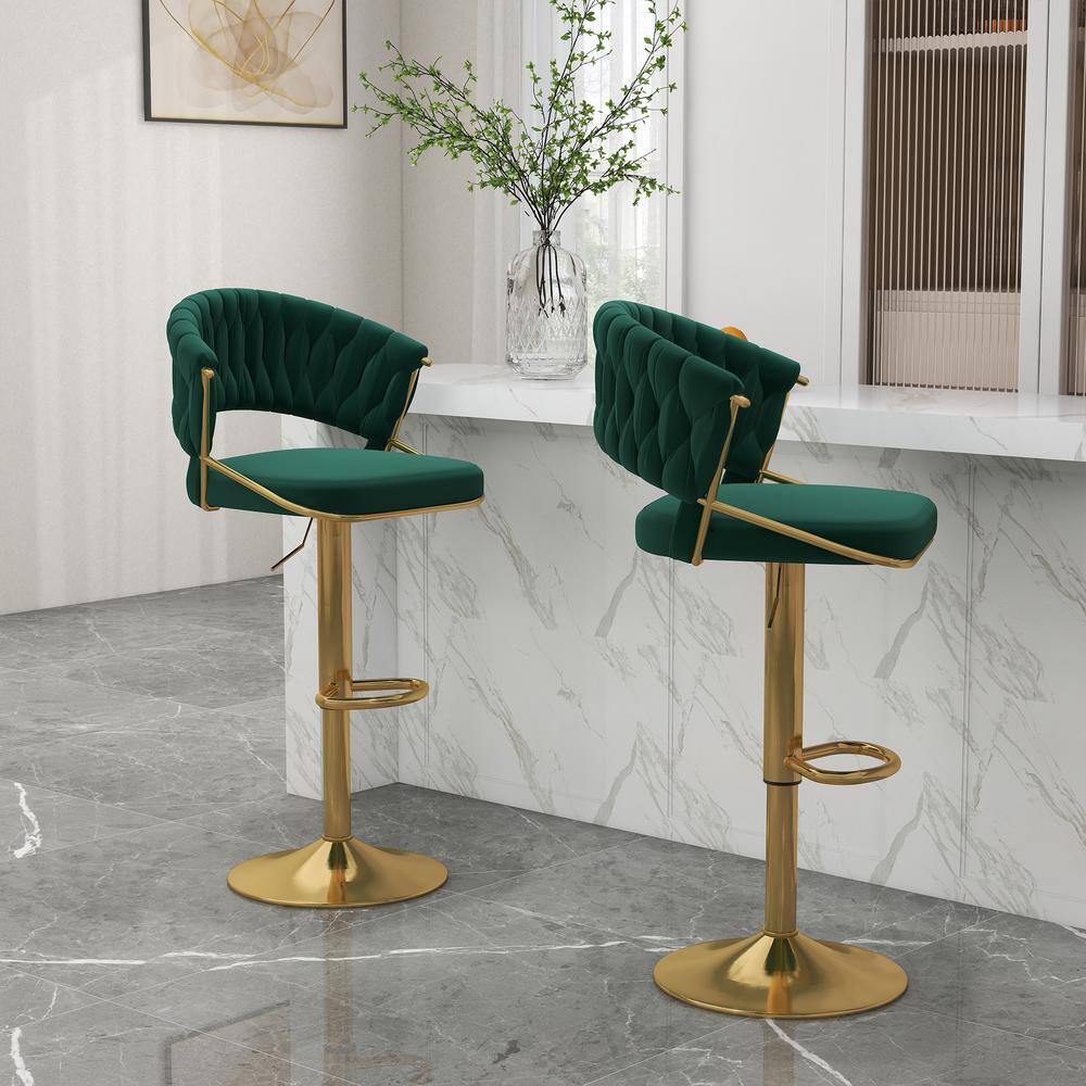 Emerald Green Velvet Adjustable Swivel Bar Stools with Gold Base, Set of 2