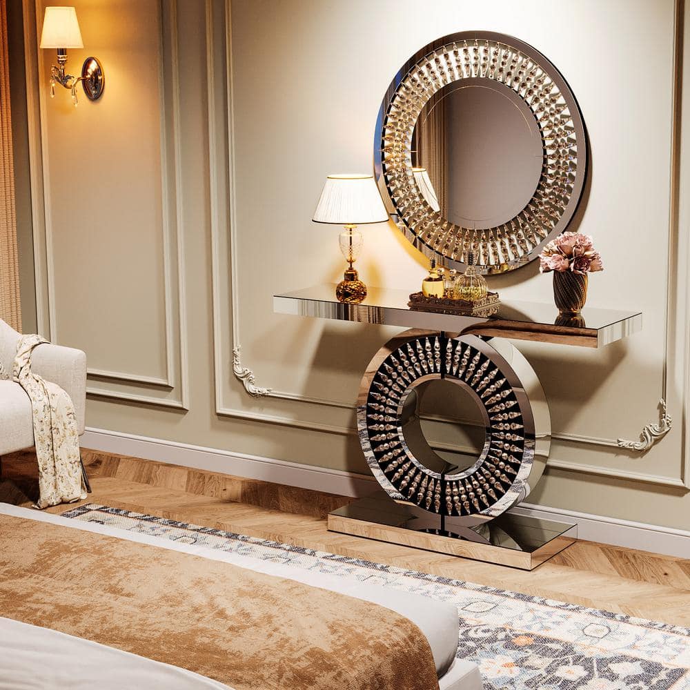 Luxurious Silver Mirrored Console Table with Crystal Inlays