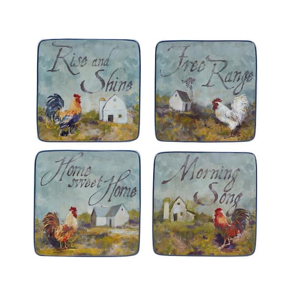 Certified International Rooster Meadow Canape Plates Assorted Colors Dessert Plates (Set of 4)