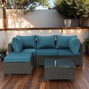 Dark Coffee 5-Piece Wicker Patio Conversation Set with Peacock Blue Cushions