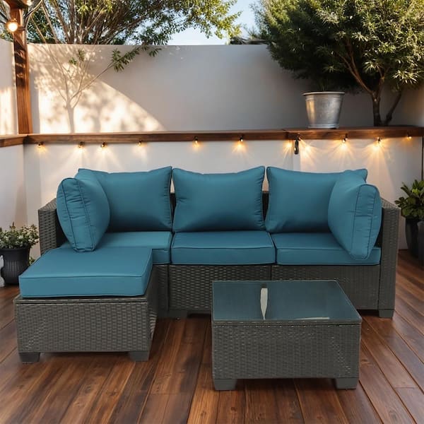 Runesay Dark Coffee 5-Piece Wicker Patio Conversation Set with Peacock Blue Cushions