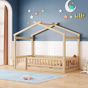 Natural Twin Size Wood House Bed with Fence Guardrails