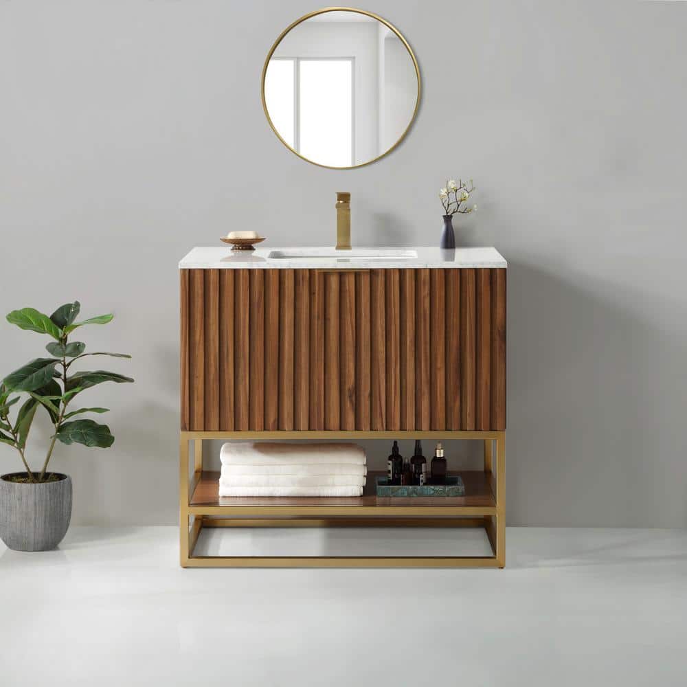 Walnut and Satin Brass 36" Single Bathroom Vanity with Carrara Marble Top