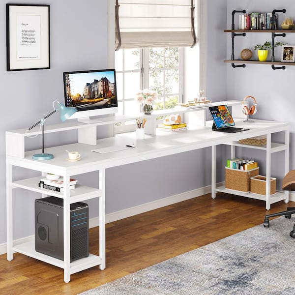 BYBLIGHT Moronia 78.7 in. Rectangular White Engineered Wood 2-Person Computer Desk with Monitor Stand and Storage Shelves