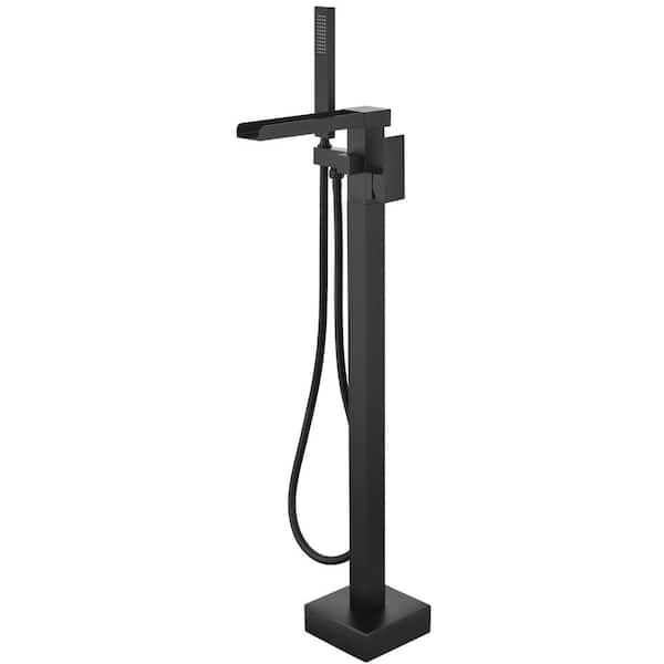 AIMADI 1-Handle Waterfall Freestanding Tub Faucet with Hand Shower Brass Single Hole Floor Mount Bathtub Fillers in Matte Black