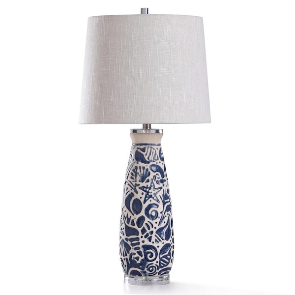 StyleCraft 31 in. Coastal Motif Blue and Ivory Ceramic with Clear Acrylic Base Bedside Lamp