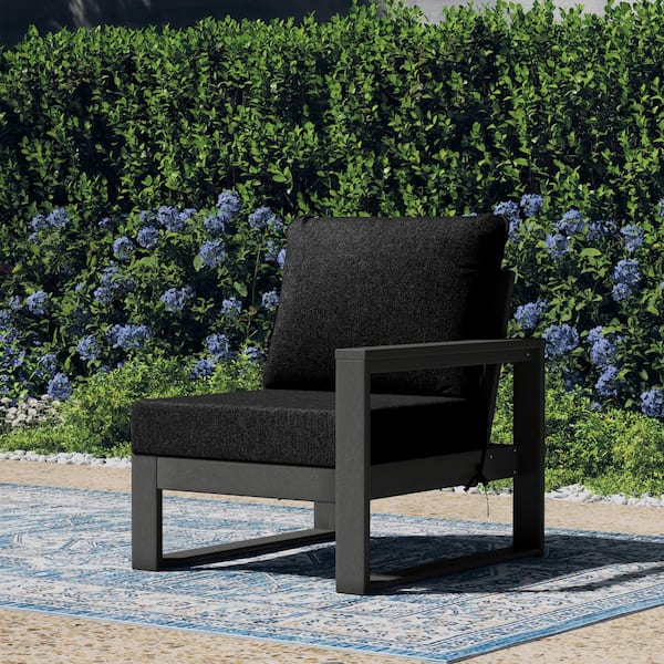 Endless Outdoor Patio Deep Seating Right Arm Chair with Gray Plastic Frame and Black Side Tie Cushions