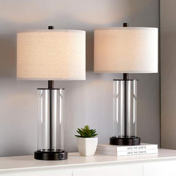 23 in. Clear Glass Bronze Table Lamp Set with Bulbs, Dual USB Ports, and AC Outlet (set of 2)