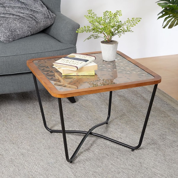 Modern 23.6 in. Brown and Black Square MDF and Tempered Glass Coffee Table, Metal Legs