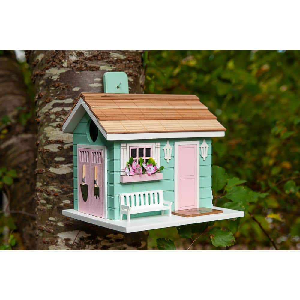 Pastel Green and Pink Wooden She Shed Birdhouse