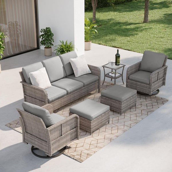 6-Pieces Patio Conversation Set with Swivel Rocking Chairs, Ottomans and Side Table Gray Wicker with Gray Cushion