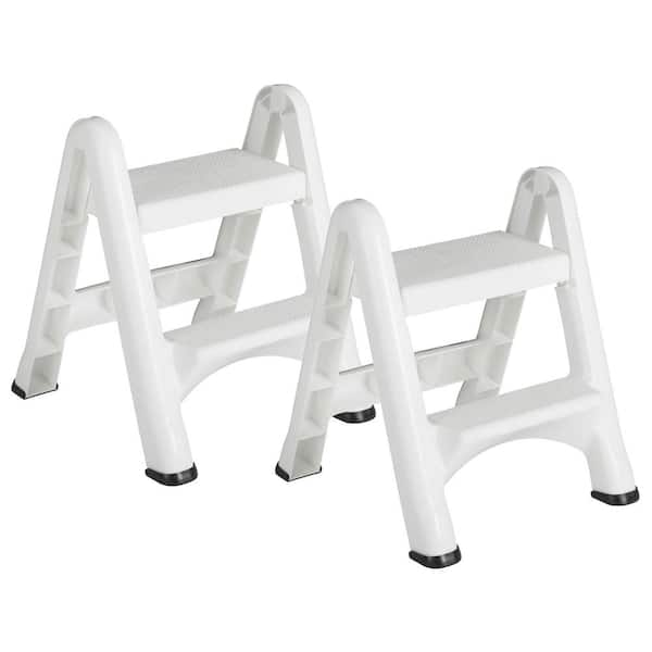 Rubbermaid EZ 2-Step Durable Folding Plastic Ladder Step Stool, 2 ft. Reach Height, White (2-Pack)