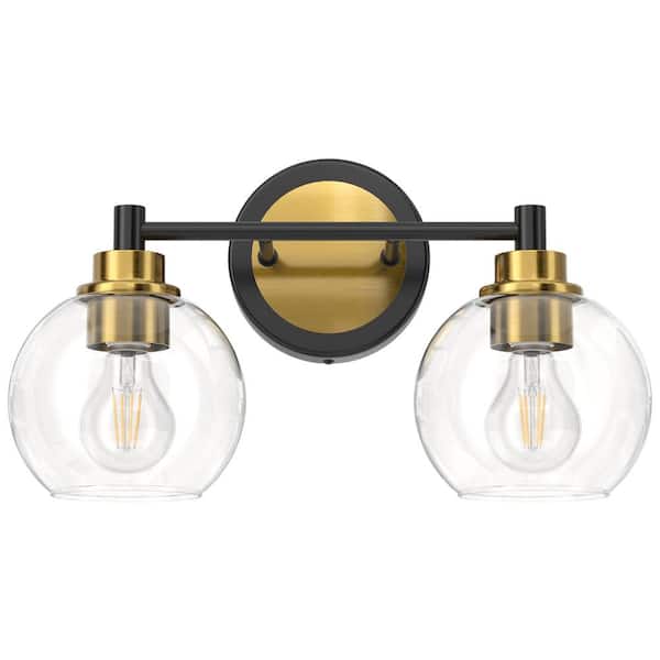 Merra 14.6 in. 2 Light Black & Brass Vanity Light with Clear Glass Shade E26 Sockets for Bathroom Bedroom Hallway Living Room