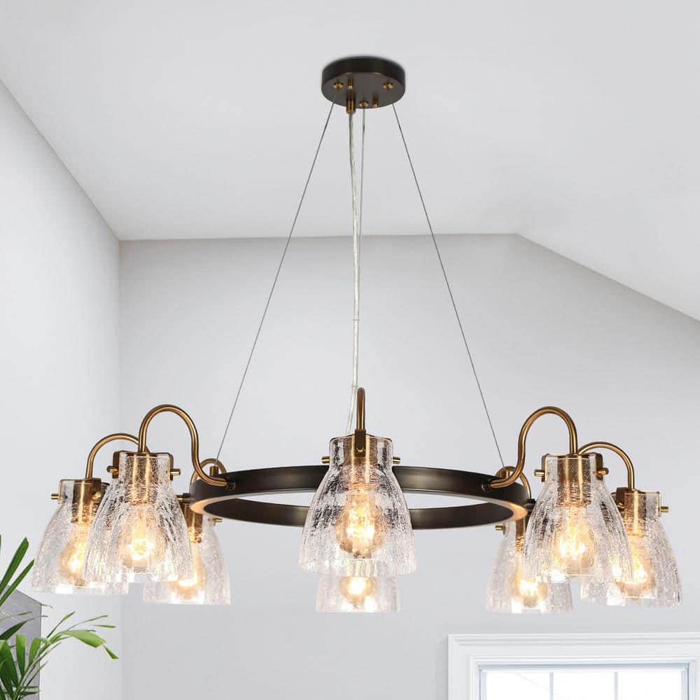 Modern Black and Gold 8-Light Crackled Glass Chandelier
