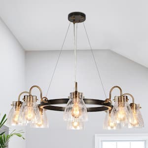 Fumira 34.5 in. 8-Light Brushed Gunmetal Gray and Brass Chandelier with Crackle Textured Glass Shade Wagon Wheel Light