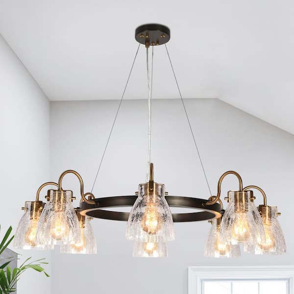 LNC Modern 8-Light Brushed Gunmetal Gray and Brass Chandelier with Crackle Textured Glass Shade Wagon Wheel Ceiling Light