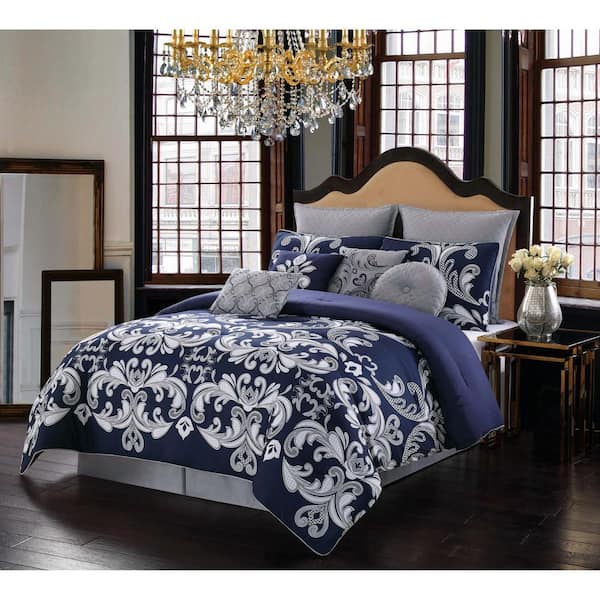 Style 212 Dolce 10-Piece Silver and Navy King Comforter Set
