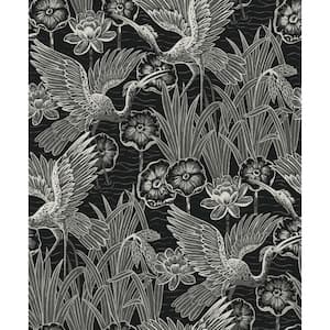 57.5 sq. ft. Midnight Marsh Cranes Nonwoven Paper Unpasted Wallpaper Roll