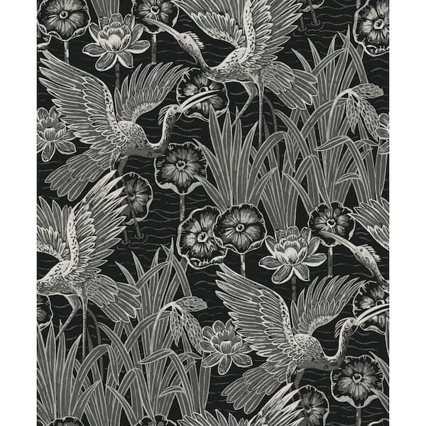 Seabrook Designs 57.5 sq. ft. Midnight Marsh Cranes Nonwoven Paper Unpasted Wallpaper Roll