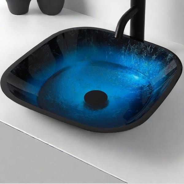 17 in. Vessel Square Bathroom Sink with Faucet and Pop-up Drain in Blue Tempered Glass