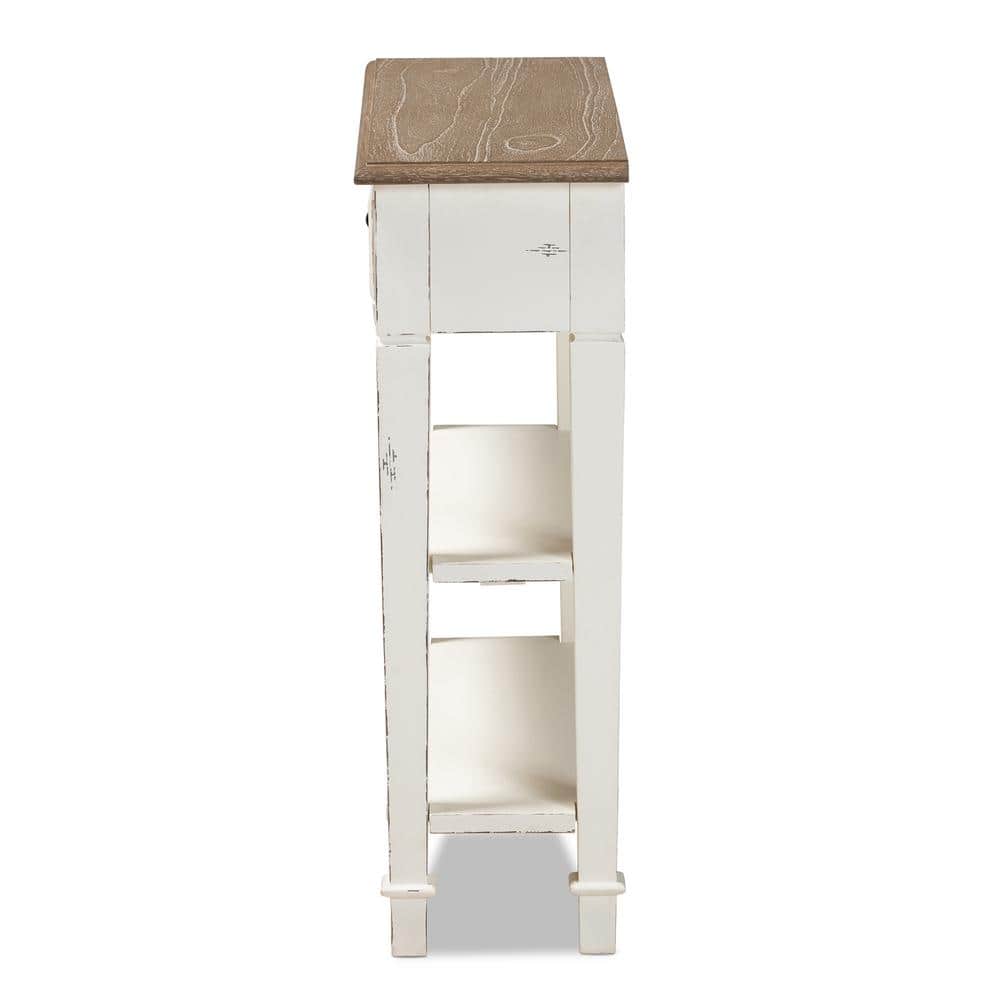 Distressed White and Natural Wood Console Table with Storage