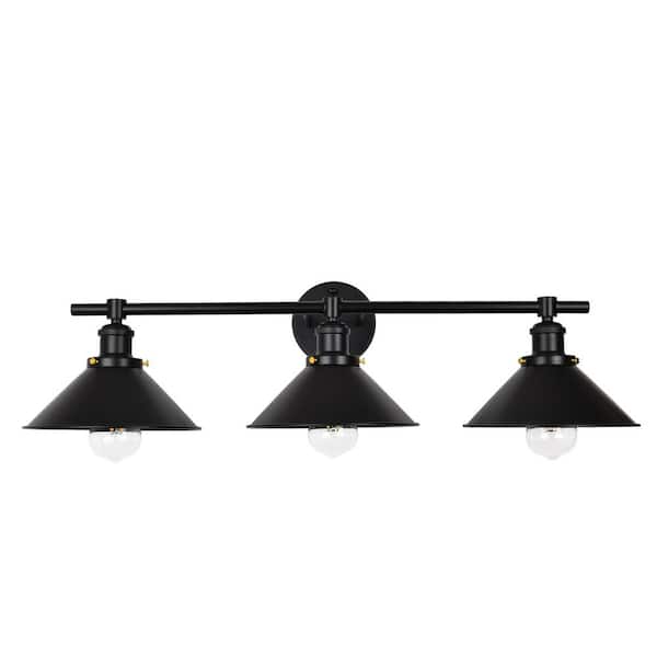 Modern Industrial 30.31 in. 3-Light Matte Black Dimmable Vanity Light with Wide Cone Shade.