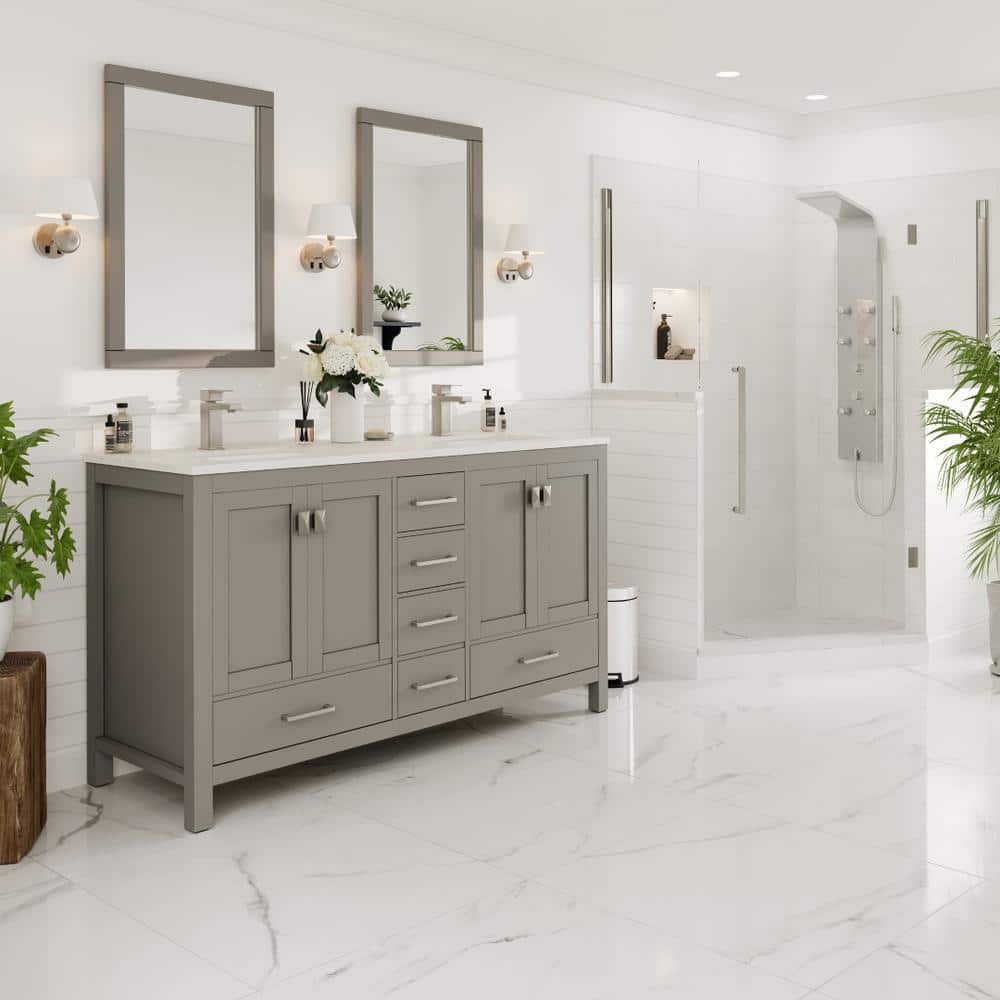 Gray Double Sink Bathroom Vanity with White Quartz Countertop