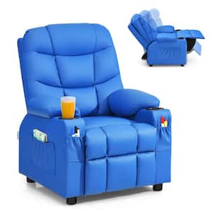 Blue Faux Leather Upholstery Kids Recliner w/Cup Holders & Side Pockets