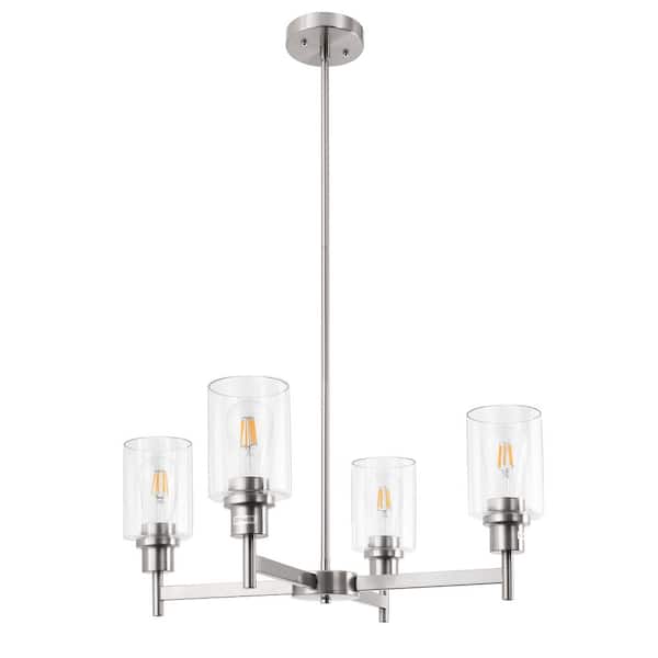 Briignite 4-Light Brushed Nickel Chandelier Perfect for Dining Room or Entryway with Adjustable Height, Featuring Glass Shades