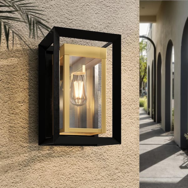 1-Light Black and Gold Double Box Industrial Outdoor Wall Sconce Lantern Fixture