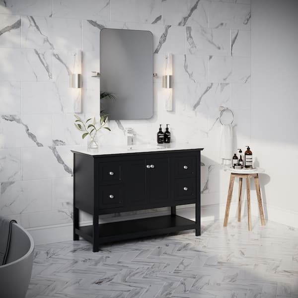 Manchester 48 in. Single Sink Shaker-Style Black Bath Vanity with White Quartz Top and Integrated Sink
