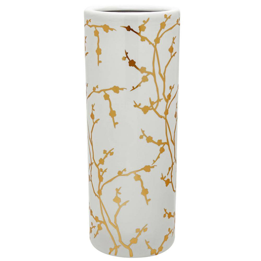 24" White and Gold Handcrafted Porcelain Umbrella Stand