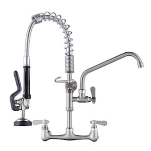 Wall Mount Triple Handle Pull Down Sprayer Kitchen Faucet with Pre-Rinse Sprayer with Advanced Spray in Brushed Nickel