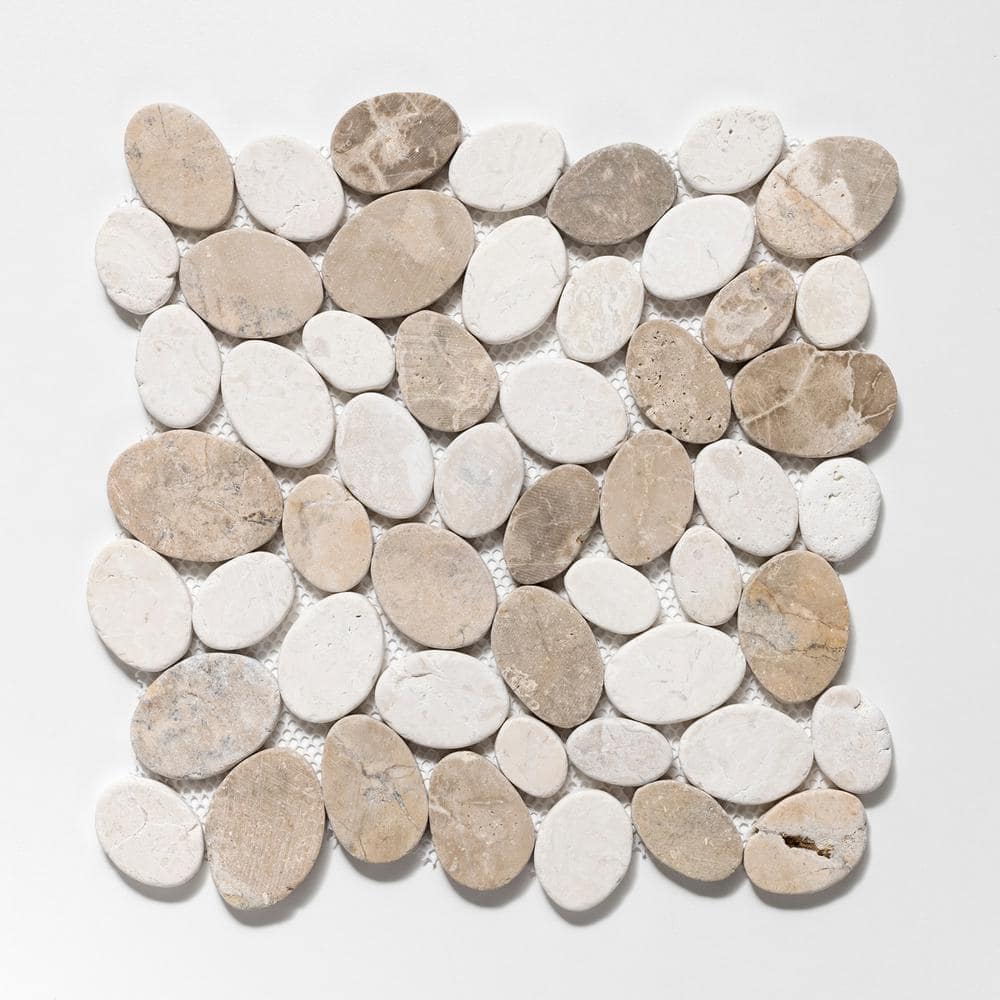 Tan and White Tumbled Marble Pebble Mosaic Tile