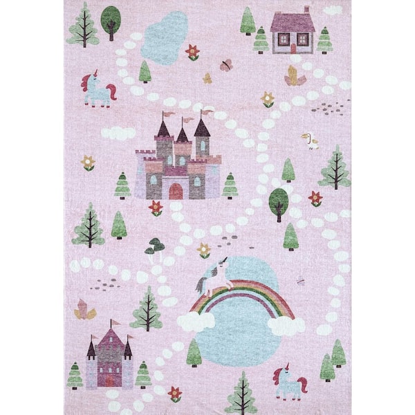 4 ft. x 6 ft. Pink White and Blue Juvenile Castle and Rainbow Youthful Area Rug