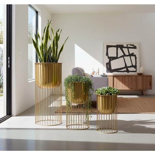 Unbrand Gold Metal Large Planters with Caged Stand (24 in. /20 in. /16 in.  H) (Set of 3 ) ENHD20352