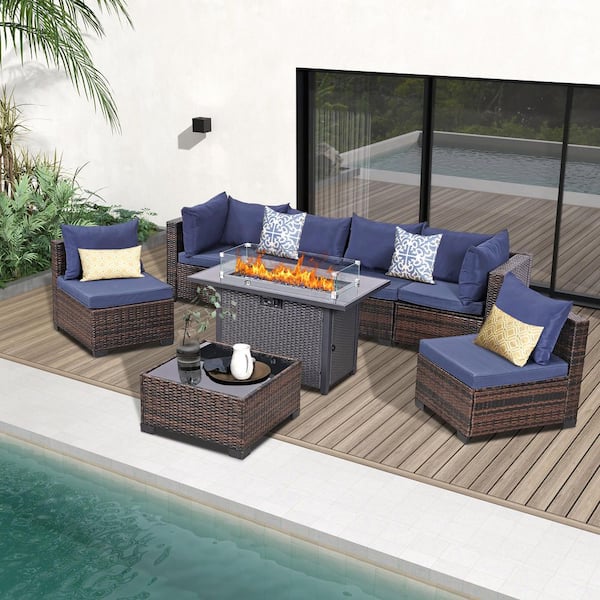 8-Pieces Brown Wicker Patio Furniture Conversation Set with Firepit Table and Navy-Blue Cushions