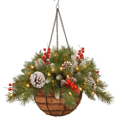 20 in. Frosted Berry Hanging Basket with Battery Operated Warm White LED Lights