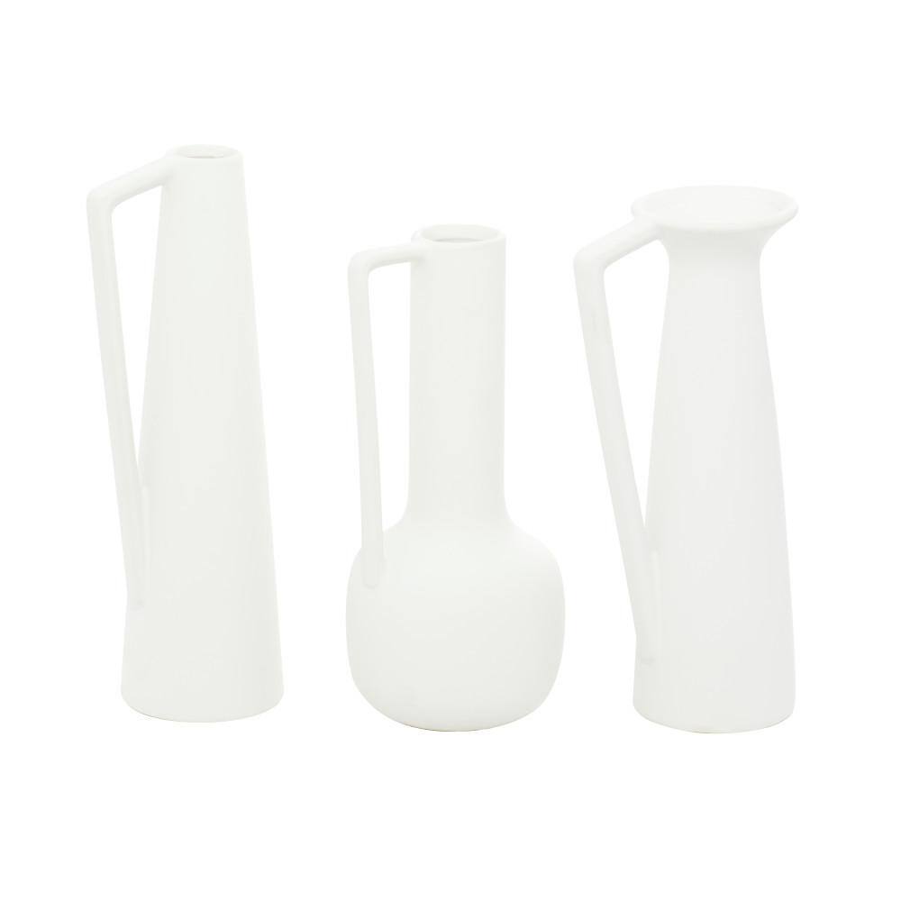 Elegant White Ceramic Vase Trio with Geometric Handles